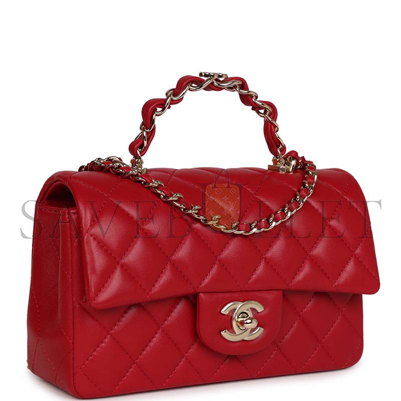 Ch**el mini rectangular flap with top handle red lambskin light gold hardware (20*12*6cm)